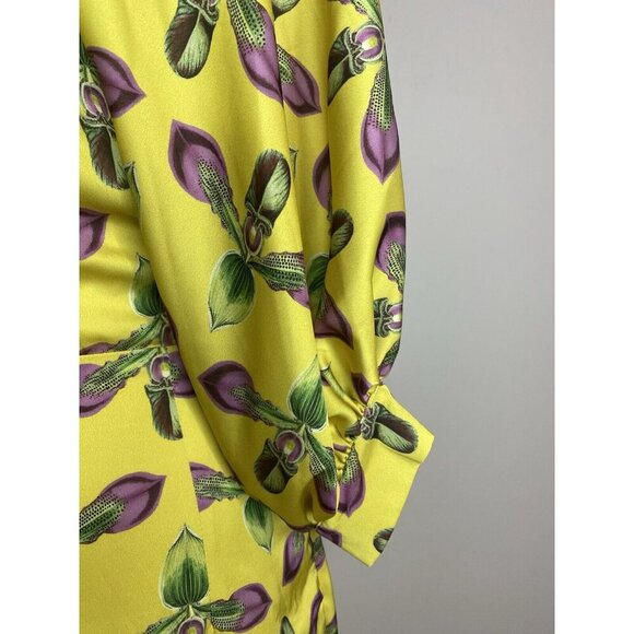 PatBo Asymmetrical Belted Floral Mini Dress Puff Sleeves Satin Yellow Size 4 - Picture 10 of 15